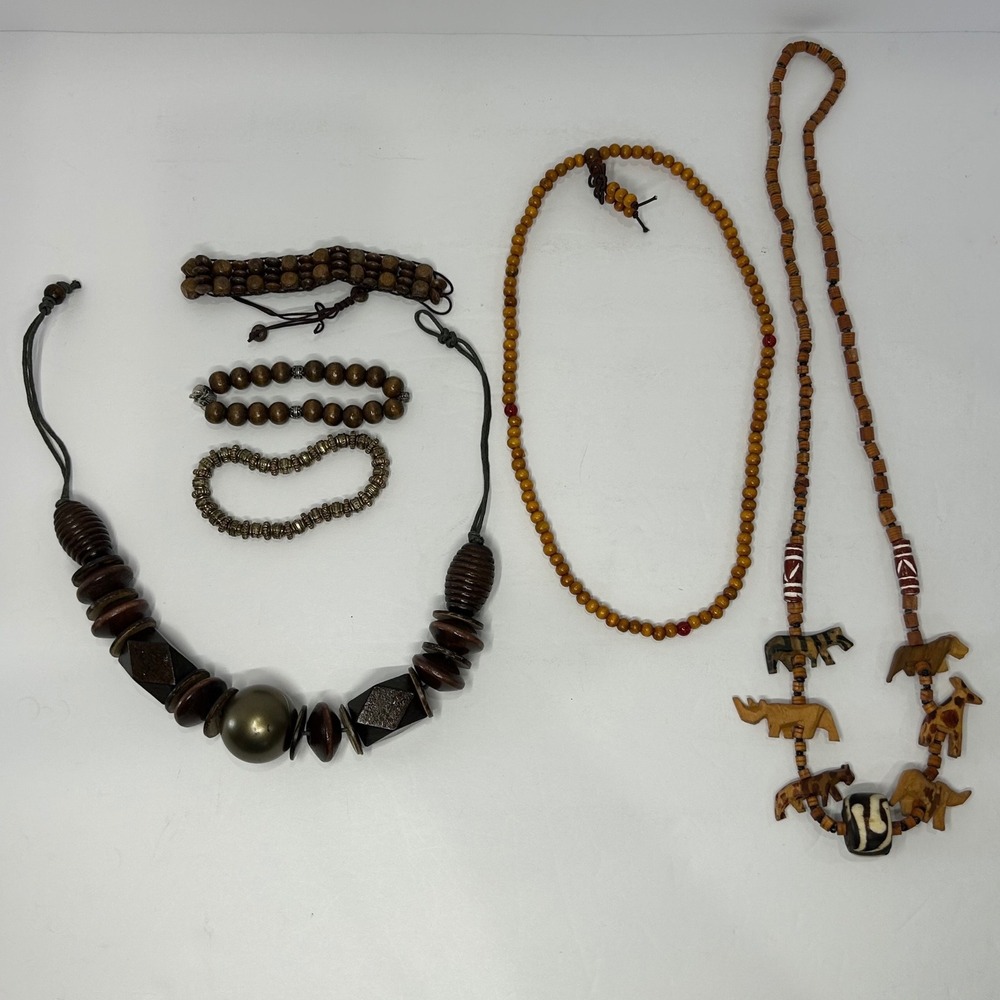 6pc Mixed African Style Jewelry Lot Safari Animal Carvings Boho Necklaces